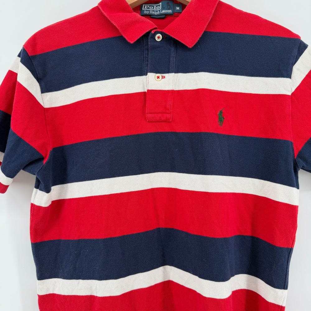 Vintage Polo Ralph Lauren Mens M Striped Short Sleeve Shirt Rugby Red Navy Prep - Picture 3 of 11
